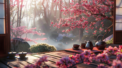 Tea with beautiful pink tree garden