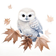 Obraz premium Watercolor owl with autumn leaves isolated on white background. Hand drawn illustration.