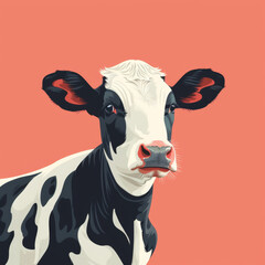 A stylized portrait of a Holstein cow with a salmon pink backdrop, in a modern art style.