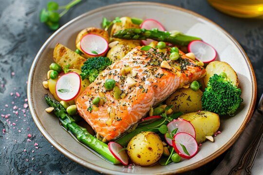 Salmon and potato salad with asparagus, broccoli and radish, top view - generative ai