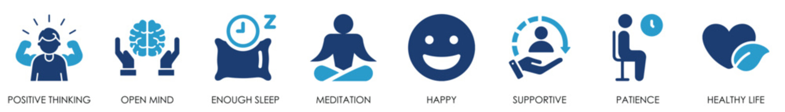 Set of positive thinking icon. Contains patience, healthy life, meditation, supportive and so on.