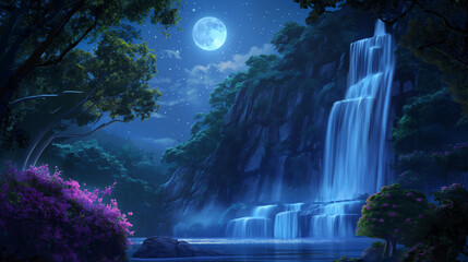 waterfall under moonlight fantasy background. trees with flowers. night colorful background wallpaper