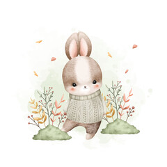 Watercolor Illustration Rabbits and Autumn Leaves at Garden
 - obrazy, fototapety, plakaty