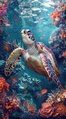 A beautiful and colorful turtle swims through a coral reef.