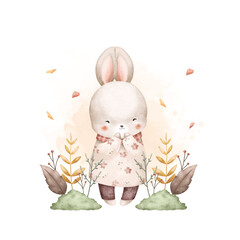 Watercolor Illustration Rabbits and Autumn Leaves at Garden
