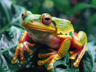A green and yellow frog with red eyes is sitting on a leaf.