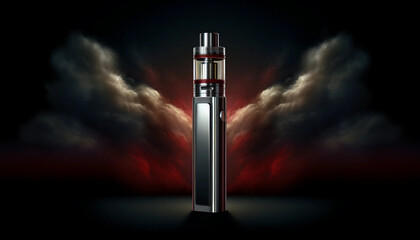 A sleek, modern vape device with a glossy design, set against a dark, ominous background.