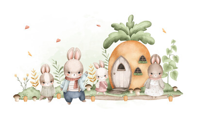 Watercolor Illustration Rabbits and Cute House at Garden
