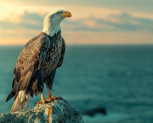 An eagle stands on a rock outcropping looking out over the ocean. - obrazy, fototapety, plakaty