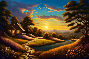 beautiful dramatic landscape painting - quiet countryside at sunset, log cabin by a stone footpath and a brook amid the trees