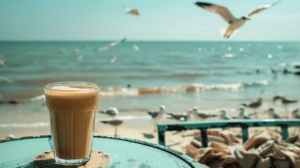 Iced latte with seagulls on beach side