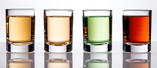 Four colorful liquids in various glasses on a table