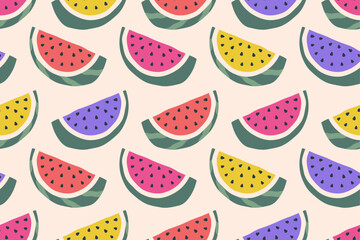 Trendy colorful background. Watermelon seamless pattern. Half of Sweet Fresh Watermelon. Ripe Melon slices. Healthy organic food. Vector illustration for wallpaper, print, packaging