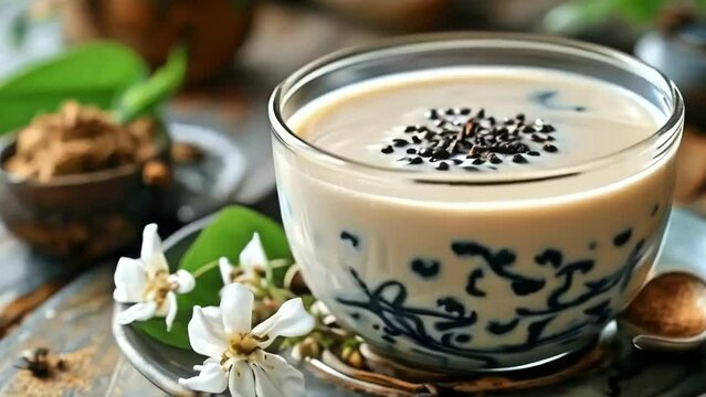 earl grey milk tea, flowers aside, kitchen background, seamless looping, beverages, relaxing videos, calming videos