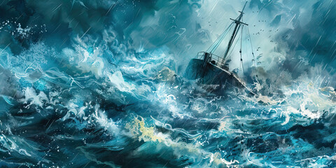 Anguish: The Stormy Sea and Sinking Ship - Imagine a stormy sea with a ship sinking beneath the waves, illustrating the feeling of anguish and being overwhelmed - obrazy, fototapety, plakaty