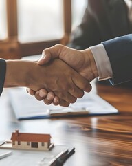 A real estate agent and customer are shaking hands over house documents on a table with keys. - obrazy, fototapety, plakaty