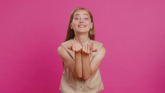 Need some more, please give me, help. Woman showing a little bit gesture with sceptic smile, showing minimum sign measuring small size. Pretty blonde girl isolated alone on pink studio background