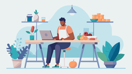 A digital illustration of a person sitting at a table surrounded by various food items and exercise equipment. The person is shown carefully