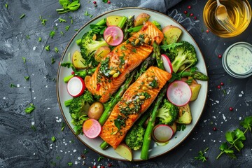 Salmon and potato salad with asparagus, broccoli and radish, top view - generative ai