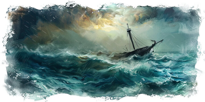 Anguish: The Stormy Sea and Sinking Ship - Imagine a stormy sea with a ship sinking beneath the waves, illustrating the feeling of anguish and being overwhelmed