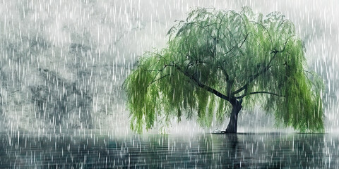 Sorrow: The Weeping Willow Tree and Heavy Rain - Picture a weeping willow tree in a heavy downpour, illustrating the feeling of sorrow and grief. - obrazy, fototapety, plakaty