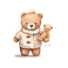 Cute watercolor teddy bear in warm clothes. Hand drawn illustration
