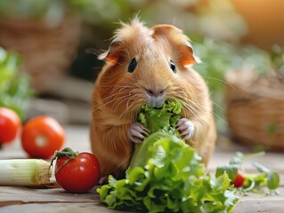 A cute, brown guinea pig eating a lettuce leaf