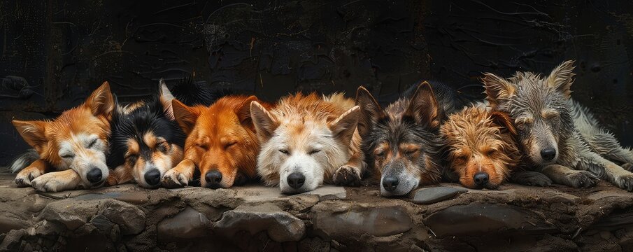 A pack of seven dogs sleeping in a row.
