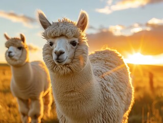 Obraz premium An alpaca standing in a field of grass at sunset.