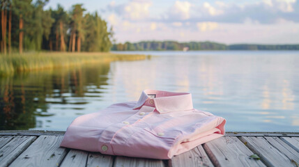 Pink dress shirt with lake view