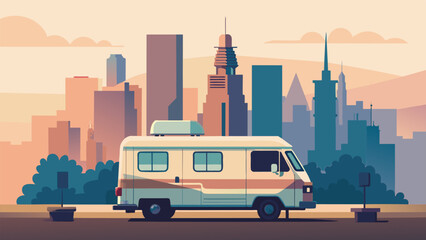 Obraz premium An image of a camper van parked in front of a bustling city skyline symbolizing the balance between the busy city life and the freedom of the