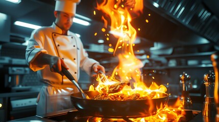 Professional chef flambeing food in a dark restaurant kitchen, with intense flames leaping from the pan under moody lighting, 