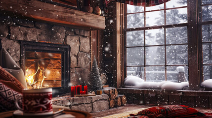 Warm house with fireplace and snowing outside
