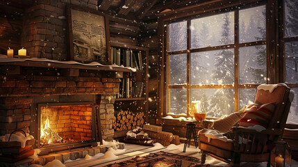 fireplace in the house between woods covered with snow
