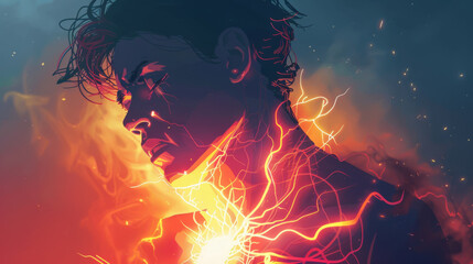 An abstract digital artwork capturing a man enveloped by fiery lightning energy. - obrazy, fototapety, plakaty
