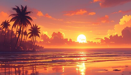 Capture serene tropical ocean sunset. Emphasize calmness, warm hues, gentle waves.