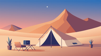 A cozy tent set up in the middle of a desert oasis offers a unique remote work experience where one can take breaks to explore the nearby sand