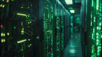 A computer server room with green lights and wires