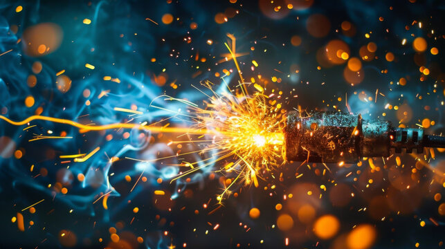 Close-up of sparking welding torch in action, illustrating industrial craftsmanship.