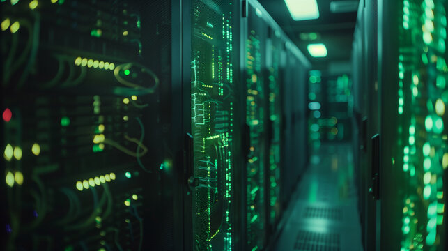 A computer server room with green lights and wires