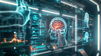 A computer monitor displays a brain with a red spot on it