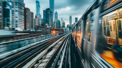Fototapeta premium A train is traveling down a track in a city