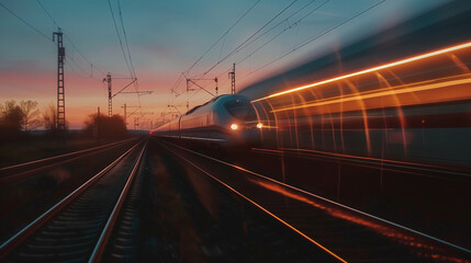 A train is traveling down the tracks with the sun setting in the background