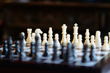 Selective focus chess pieces bokeh, game, strategy, economy success business theme