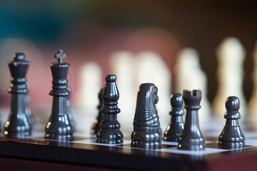 Selective focus chess pieces bokeh, game, strategy, economy success business theme