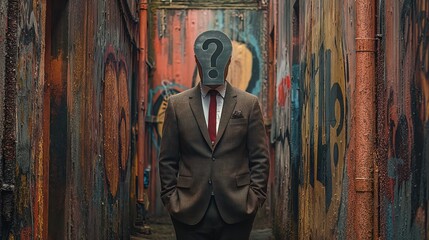 Naklejka premium Man with Question Mark Head in Urban Alley