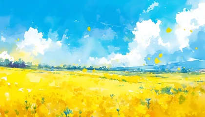 Foto op Plexiglas abstract watercolor illustration background of blue sky and rapeseed flower field © AhmadTriwahyuutomo