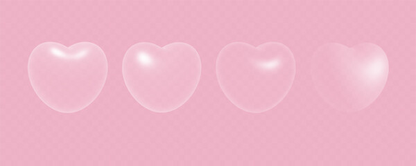 Set of white transparent heart bubbles. Vector design template. White glass love symbols isolated on pink background