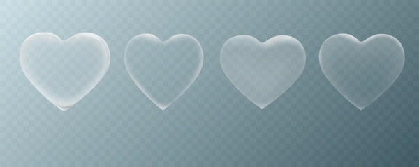 Set of vector realistic, transparent glass hearts. White matt and glossy love symbols isolated on gradient backdrop