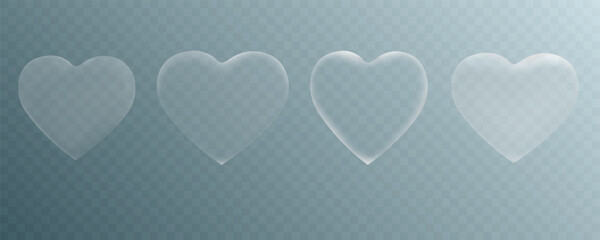 Set of 3d white soapy transparent hearts. Realistic matt and glossy vector design elements 